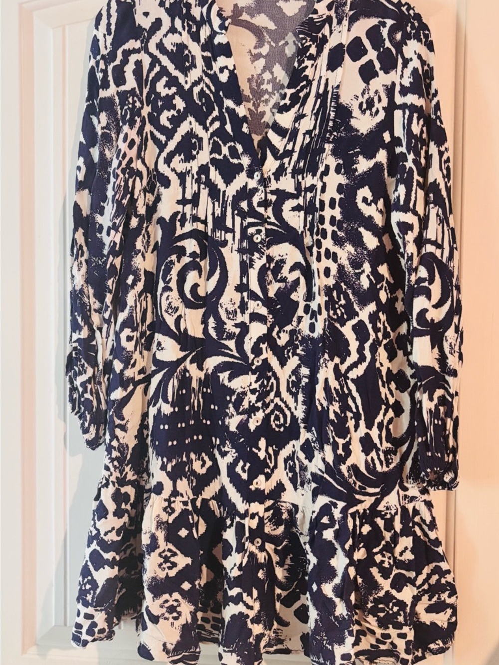 Zara blueand White Long Sleeve Printed Dress
